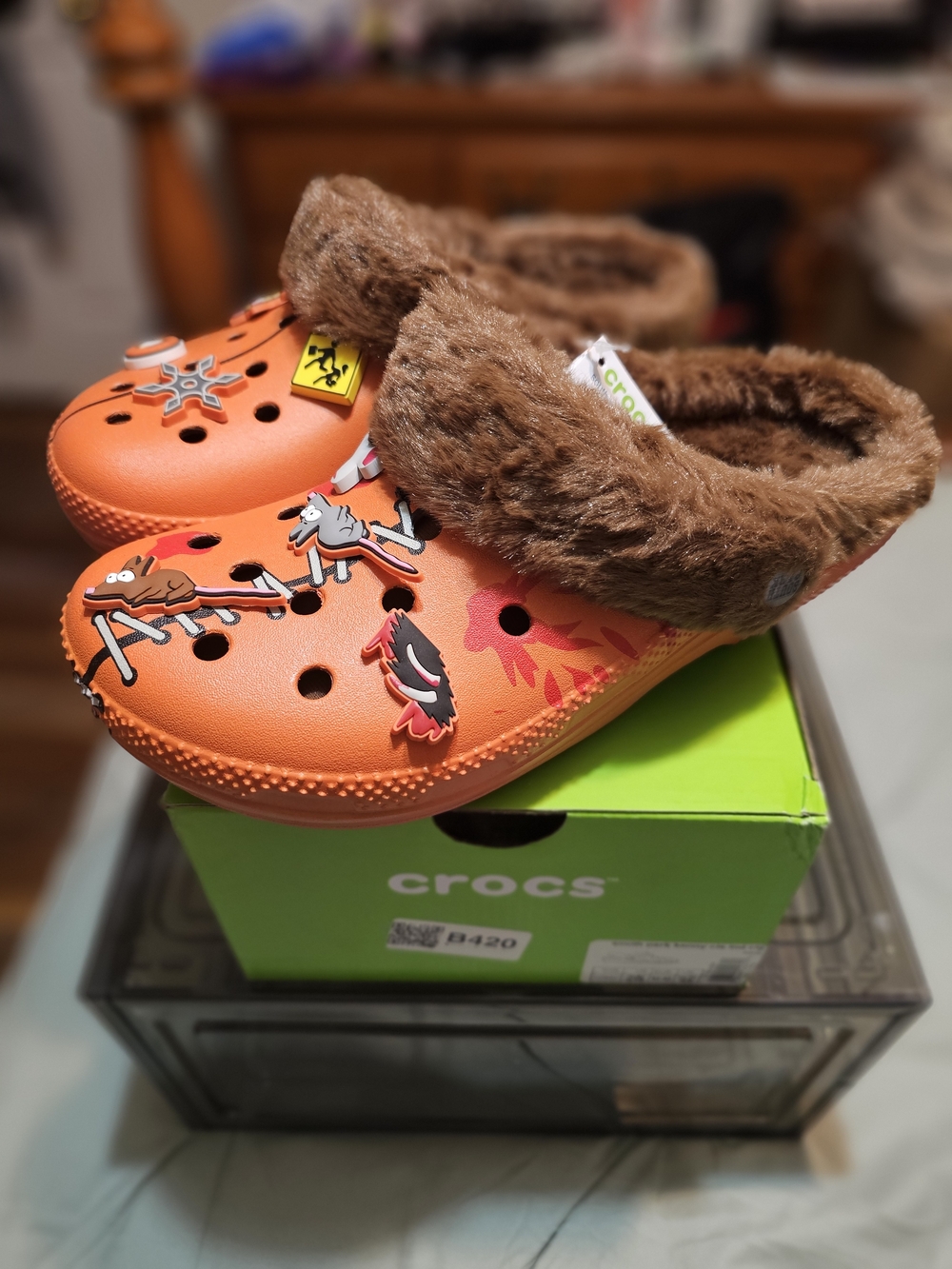 CROCS Orange Faux-Fur Lined Slip-On Clogs with Animal Jibbitz